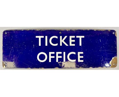 VINTAGE ENAMEL BRITISH RAIL TICKET OFFICE SIGN, white lettering on a cobalt blue ground, 15 x 46cmsProvenance: private collec