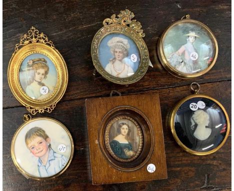 Group of six assorted oval / circular portrait miniatures in varying mediums including watercolour, oil, relief and one print