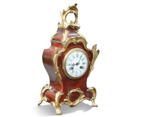 A LATE 19TH CENTURY FRENCH RED TORTOISESHELL AND ORMOLU MANTEL CLOCK, white enamel dial with with Roman and Arabic numerals, 