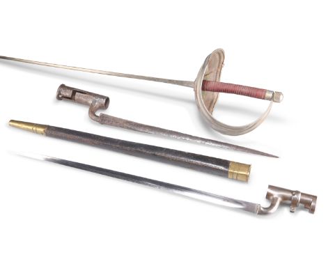 TWO STEEL SOCKET BAYONETS, the first for a Brown Bess musket, the second with leather scabbard for the Enfield musket; togeth