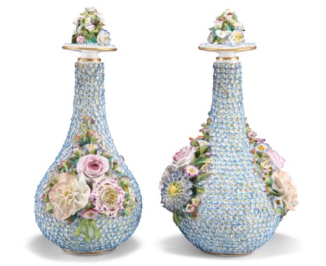 A PAIR OF JACOB PETIT 'SCHNEEBALLEN' FLASK-FORM VASES AND COVERS, CIRCA 1880, each&nbsp;applied with two bouquets on a profus