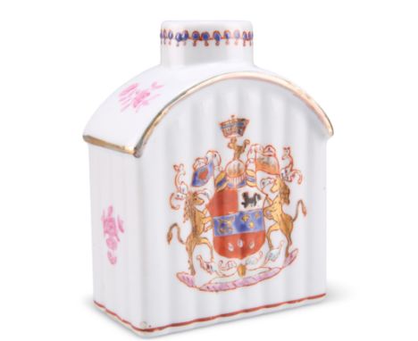 A CHINESE EXPORT-STYLE TEA CADDY, the body with moulded ribs, painted with armorials. 11.5cm high
