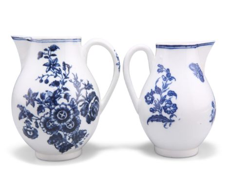 TWO WORCESTER BLUE AND WHITE SPARROW-BEAK JUGS, each decorated with the 'Three Flowers' pattern, each with underglaze blue ma