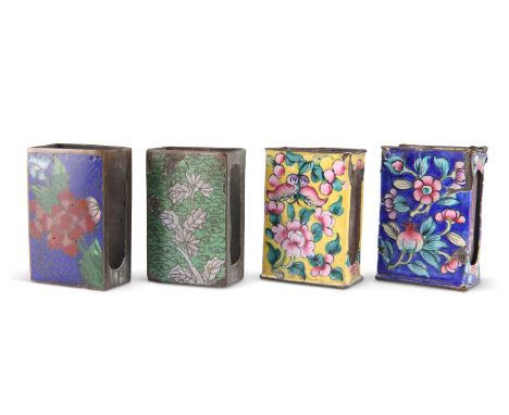 FOUR CHINESE ENAMEL MATCHBOX SLEEVES, 19th Century and later. (4) Each 6cm long