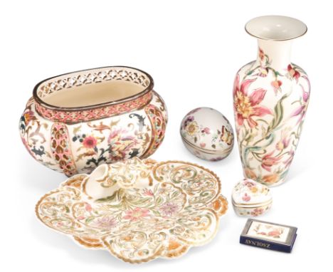 A GROUP OF ZSOLNAY PÉCS PORCELAIN, including an oval jardinière, 15.5cm by 24cm by 16.5cm; a handled dish, 22cm by 30cm; a ba