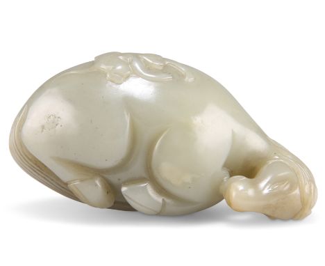 A CHINESE JADE CARVING, of a recumbent horse with a monkey climbing on its back. 4cm by 9.5cm by 5cm&nbsp;CONDITION REPORTGoo