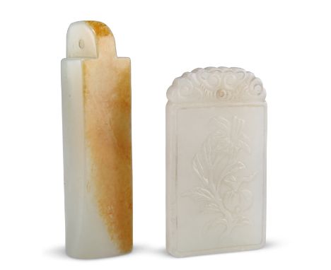 A CHINESE JADE PLUME HOLDER, with one flat russet-coloured surface, 7cm by 2cm; and A CHINESE JADE PENDANT PLAQUE, carved dep
