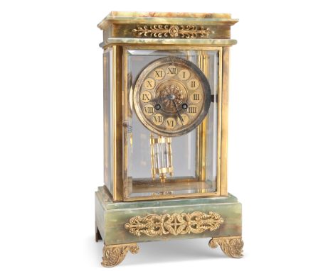 A FRENCH GILT-METAL MOUNTED ONYX FOUR-GLASS MANTEL CLOCK, LATE 19TH CENTURY, the two-train movement with mercury compensated 