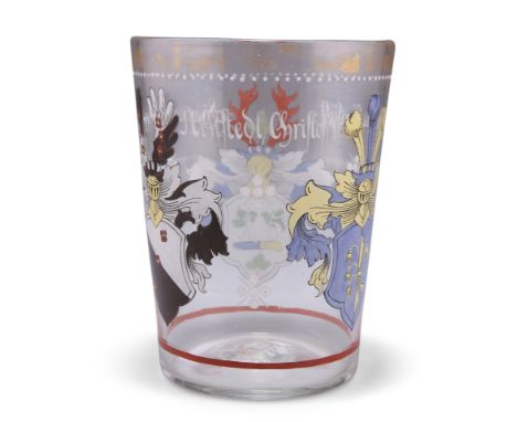 A GERMAN HISTORISMUS GLASS BEAKER, CIRCA 1875, probably by Fritz Heckert, of large proportions, slightly tapering, enamel pai