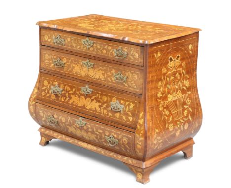 A DUTCH FLORAL MARQUETRY COMMODE, 19TH CENTURY, of bombe form, the shaped top inlaid with a vase of abundant scrolling foliag