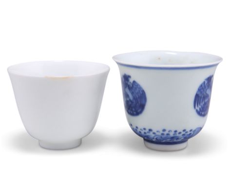 TWO CHINESE WINE CUPS, the first blue painted with three phoenix, bears six character mark within concentric circles, 5.5cm h