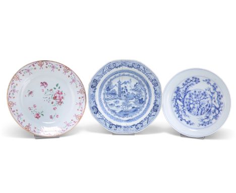AN 18TH CENTURY CHINESE BLUE AND WHITE PLATE, octagonal, blue painted with a river landscape; together with AN 18TH CENTURY F