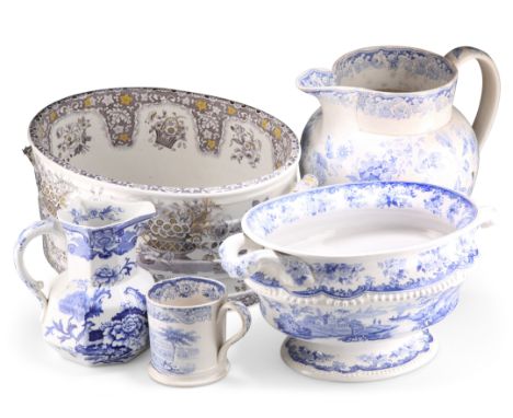 A GROUP OF 19TH CENTURY TRANSFER-PRINTED CERAMICS, including A LARGE SPODE FOOTBATH, ribbed oval form with twin handles, blac