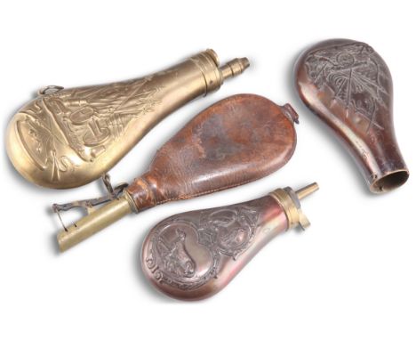 THREE POWDER FLASKS, two copper and one brass; together with A LEATHER SHOT FLASK. (4) Largest flask 21.5cmCONDITION REPORTOn