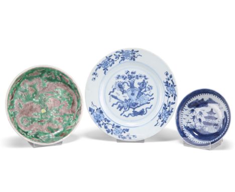 THREE CHINESE PLATES, the first green-glazed and decorated with dragons, 19cm diameter; the second blue painted with a vase o