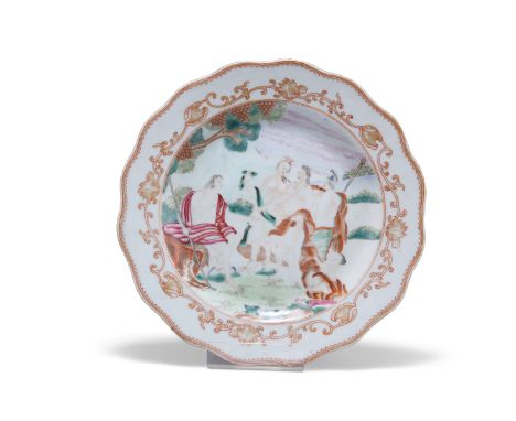 A CHINESE EXPORT 'JUDGEMENT OF PARIS' PLATE, MID-18TH CENTURY, the well-known mythological scene of the goddesses Aphrodite, 