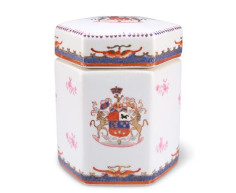 AN ARMORIAL TEA CADDY AND COVER, in Chinese Export style, of octagonal section, painted to the cover and two sides with a coa