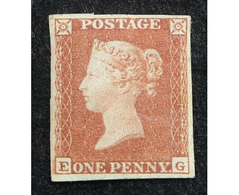 PENNY RED. 1d Red-Brown Imperf lettered EG on very blued paper, ivory head with fine 4 margins with full gum, has a diagonal 