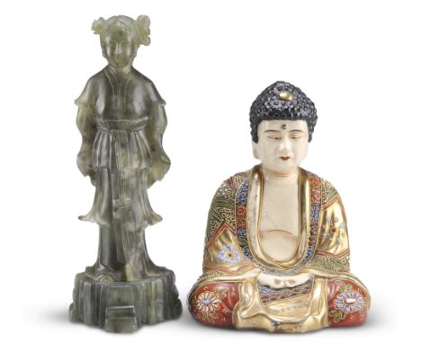 A JAPANESE KYOTO SATSUMA BUDDHA, modelled sitting with hands joined, robes decorated in typical palate, character mark to bas