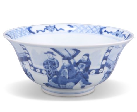 A CHINESE KANGXI-STYLE BLUE AND WHITE 'FIGURAL' BOWL, underglaze blue six character mark within concentric circles. 19.5cm di