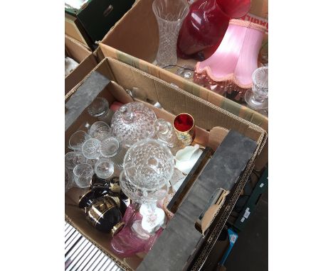 3 boxes of glassware and other items to include lamp, vases, decanter, etc  