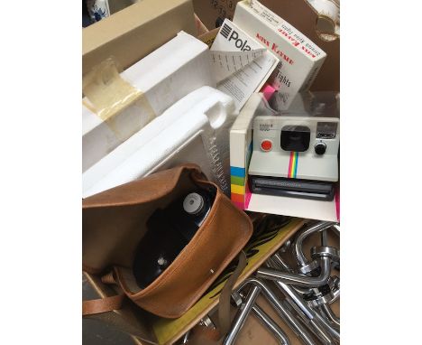Box with collectors plates, polaroid camera etc.  