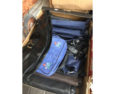 A box of misc vintage and modern ladies handbags  