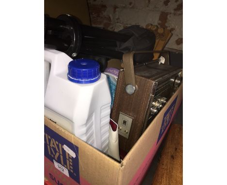 A box of misc to include vintage radio, barometer, fishing stool, a 2.5 L Castrol antifreeze, etc  