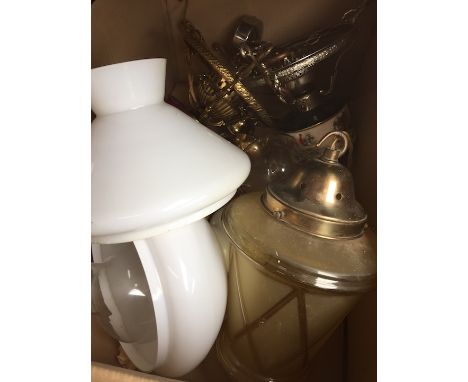 A box of various vintage lamps and shades - pendulum candelabras, etc  