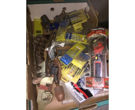 Box of tools and drill bits  