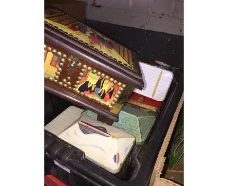 A box of vintage tins and a brass bound box  