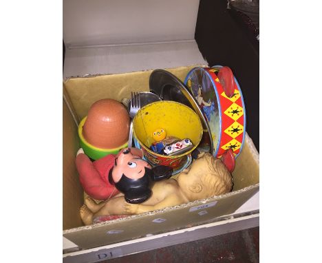 A box of vintage tin plate toys  