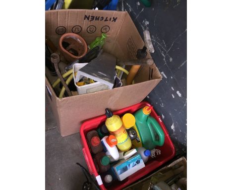 2 boxes of garden tools and garden chemicals, fertilizer, etc  