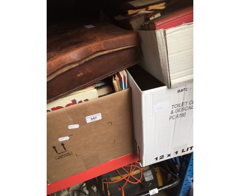 4 boxes, a leather vintage case and a book holder containing various vintage books and music to include religious, bibles, Ag