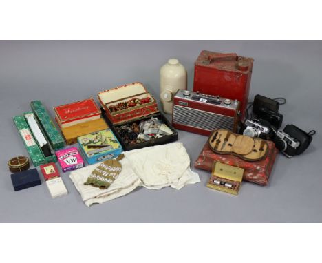 A Roberts transistor radio (model No. R606, lacking lead); a stoneware footwarmer; a vintage petrol can; &amp; sundry other i