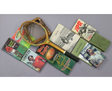 A Dunlop “Emerald Star” wooden tennis racquet; nine various volumes on Rugby Union; &amp; various other books.