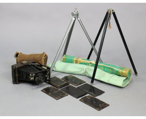 A Zeiss “Maximar 107” folding plate camera with five 4¾” x 2¾” plates; a case; &amp; two camera tripods.