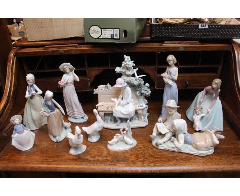 Collection of assorted Nao figurines inc. Lady with dove on bench, Swans etc 