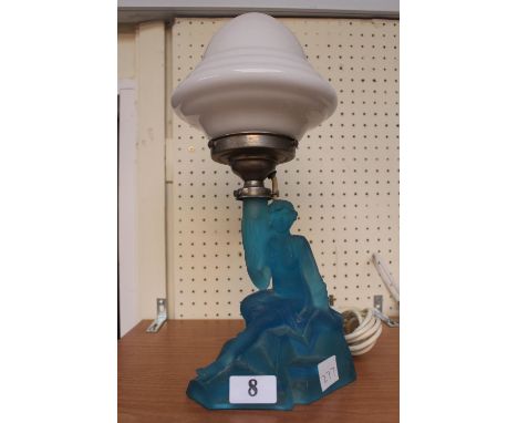 Art Deco Blue glass figural nude lamp base with Chrome fitting and opaque shade 35cm in Height 