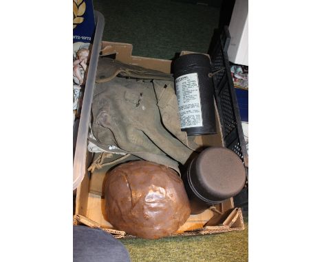 Collection of assorted Militaria inc. Flasks, Helmet, and Canvas Webbing bag etc 