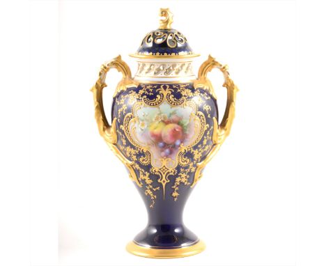 Royal Worcester two-handled pot pourri vase, date mark for 1899, pierced domed lid and collar, branch formed handles, reserve