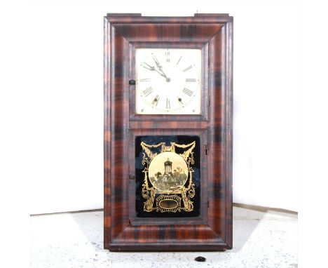 American walnut shelf clock, rectangular case, square painted dial above a glazed door with a print, height 76cm.