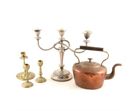 Copper, brass and silver-plate, wooden boxes, bookends, crystals, treen, scales, etc. (Qty: Two boxes)