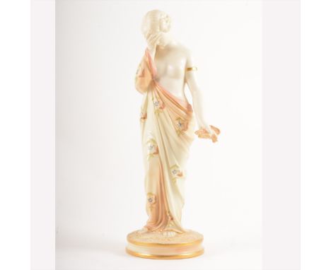 Royal Worcester figure of a maiden in classical dress, holding a dead bird, date mark for 1899, ivory coloured with enamel de