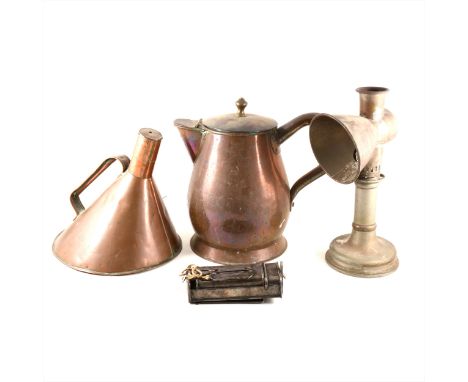 A plated retractable travel light; metal student's lamp; and copper ewer. (Qty: 3)