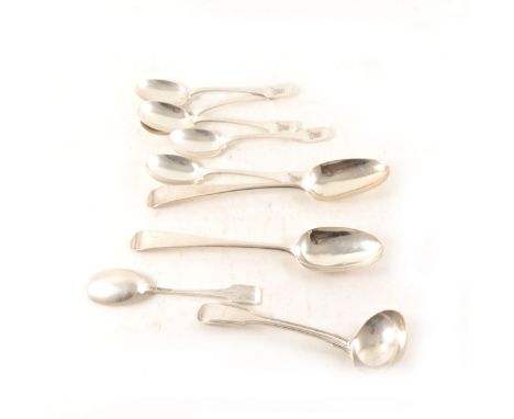 Pair of George III silver table spoons, Hester Bateman, London 1774, Hanovarian pattern; Victorian Fiddle and Thread pattern 