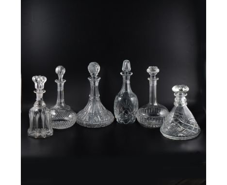 Six assorted cut glass decanters, including ship's decanter. (Qty: 6)