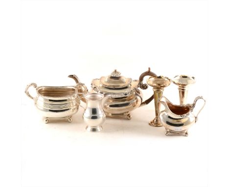 Collection of silver-plate wares, including desk stand, spill vases tea pot and jug, salvers, coffee pot, etc, along with a W