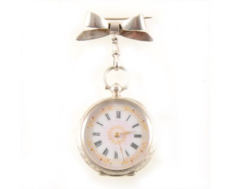 A continental white metal open faced fob watch marked 935. the white enamel dial having a roman numeral chapter ring with gil