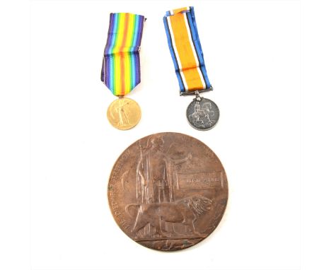 Two World War One medals, awarded to 2375 Pte. R.E.J. Barber 17-Lond. R.; and a death plaque for William Askins.